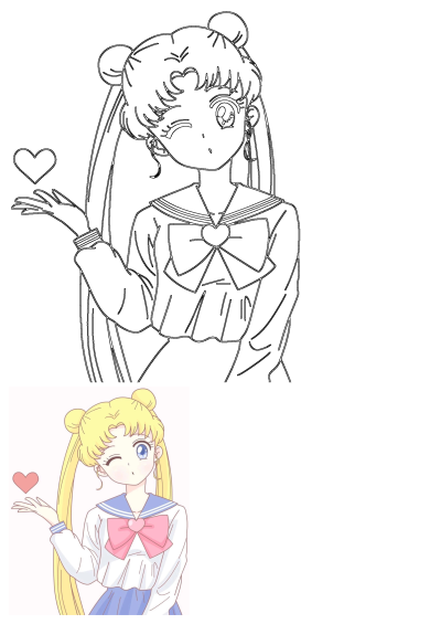 Cute Sailor Moon anime girl winking with a heart. Blonde hair in buns, sailor uniform with a pink bow. Kawaii anime art style.