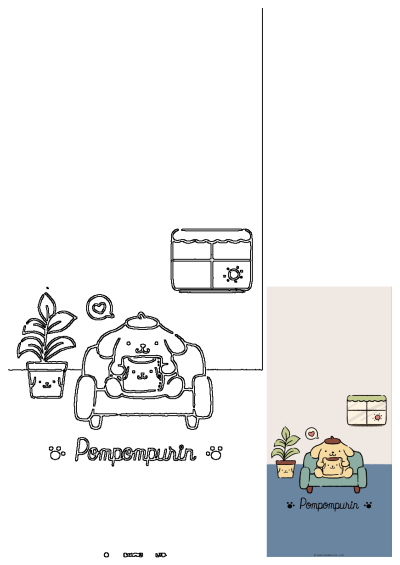 Adorable Pompompurin illustration featuring the Sanrio character relaxing on a couch with a plant and window in the background.