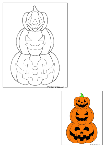 A coloring page featuring a stack of three jack-o'-lantern pumpkins with different expressions, perfect for Halloween crafting.
