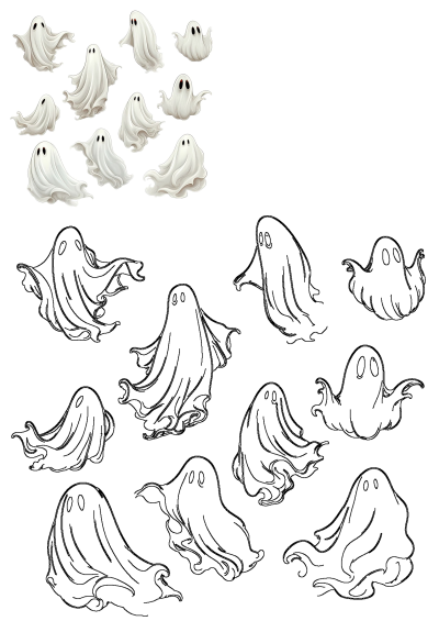 Spooky collection of ghost faces with different expressions. Perfect for Halloween decorations, invitations, or spooky themed designs.