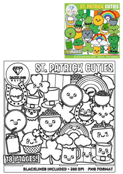 St. Patrick's Day clipart featuring shamrocks, leprechaun hats, rainbows, gold coin, and other cute elements. Perfect for festive designs.