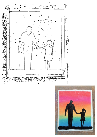 Silhouette of a father and daughter holding hands against a vibrant rainbow gradient background. A touching and heartwarming image.