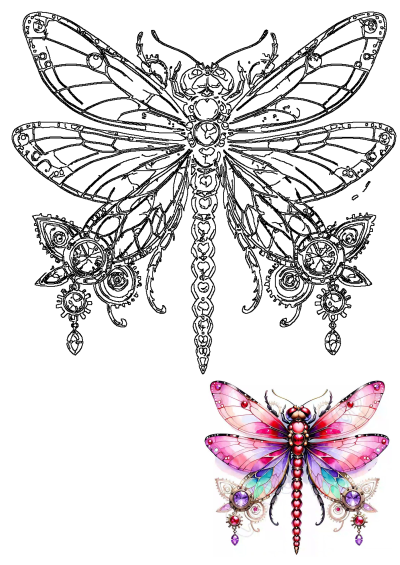 Drawing of a fantasy jeweled dragonfly with pink and purple wings and ornate decorations. Detailed illustration of a jeweled insect.