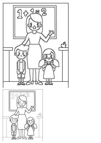 Coloring page of a teacher standing in front of a blackboard with students. The board shows the equation 1+1=2. An apple sits on the desk.