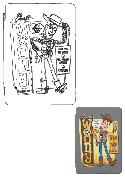 Toy Story Sheriff Woody talking doll iPad case. Drawing of a cowboy holding a sign that says woody, hey hey hey yeah.