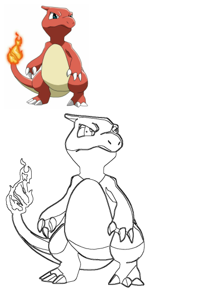 Charmeleon Pokemon. A red and white Pokemon character with flames on its tail. It is not standing on one leg as previously described.