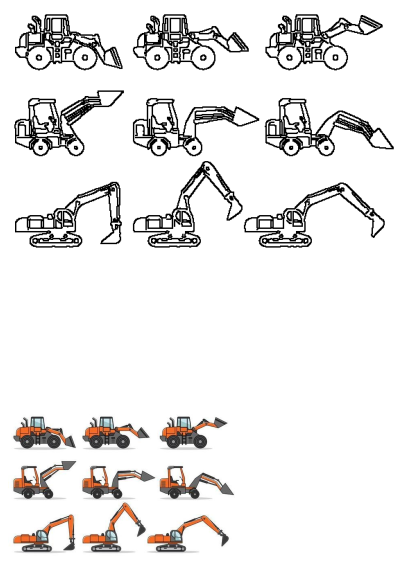 An orange construction vehicle shown from different angles, perfect for illustrations or design elements. Vector graphics of machinery.