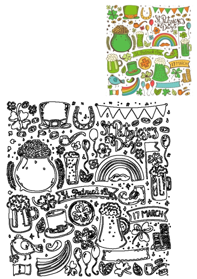 St Patrick's Day sticker sheet featuring festive elements: shamrocks, beer, pot of gold, rainbows, hats and more. Colorful and joyful for St. Paddy's Day.