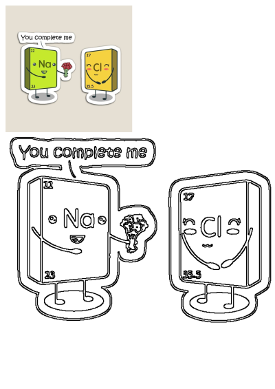 Two cute stickers showing elements Na and Cl holding flowers, saying 'You complete me'. Adorable chemistry love concept with matching expressions.