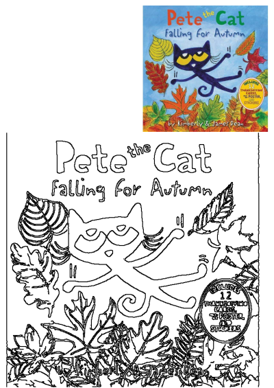 Pete the Cat 'Falling for Autumn' book cover featuring Pete with colorful autumn leaves, includes Thanksgiving cards, poster and stickers.