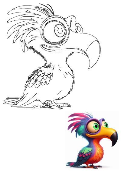 Cartoon bird with colorful feathers and big green eyes. A whimsical illustration of a unique bird with a bright yellow and black beak.