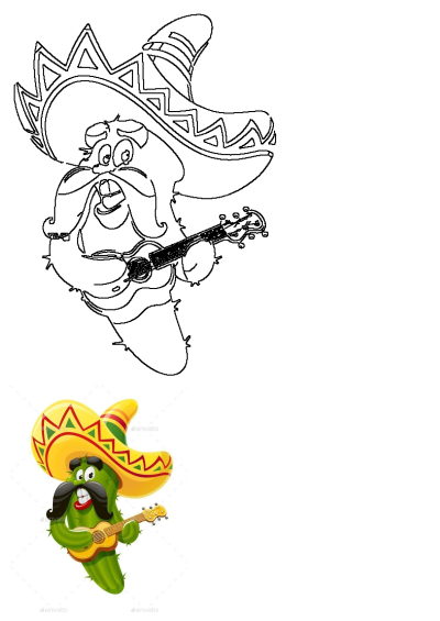 Cartoon of a green cactus playing a guitar and wearing a sombrero on his head. A funny image of Mexican musical culture.