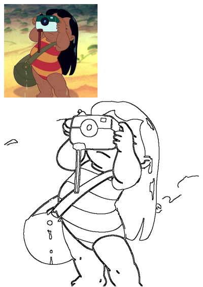 Lilo Pelekai from Lilo & Stitch, in a red and yellow swimsuit, takes pictures with a vintage camera on the beach. Cute cartoon illustration.