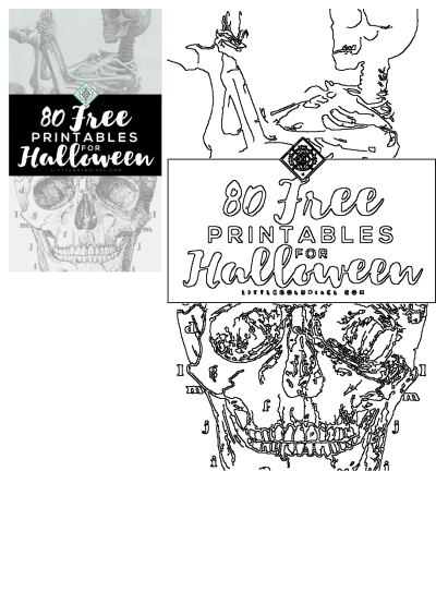 Skeleton image advertising 80 free printables for Halloween at Little Gold Pixel. Perfect for spooky season DIY projects and decorations.