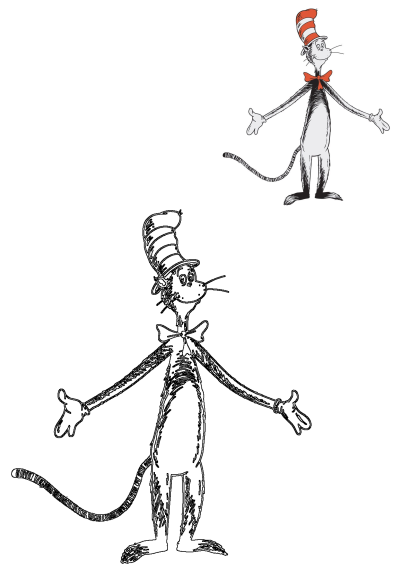 The Cat in the Hat stands with arms outstretched, as if to say, "That makes me feel this". Character from Dr. Seuss. 