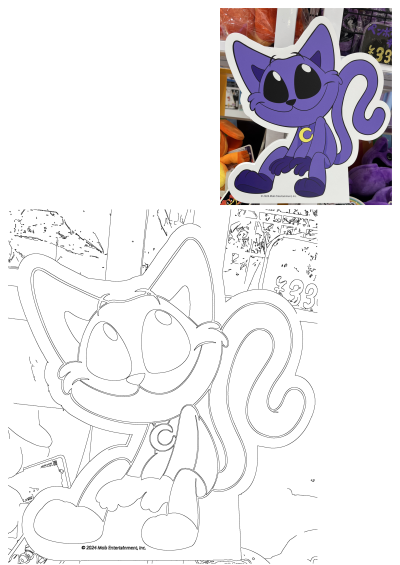 A purple cat sticker sitting on top of a shelf next to other stuffed animals. Cute cartoon cat sticker with yellow C necklace.