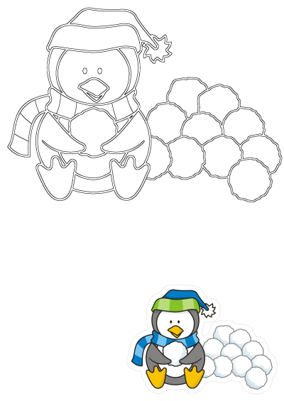 Cartoon penguin wearing a hat and scarf sitting next to a pile of snowballs. Adorable winter illustration of a cute penguin.