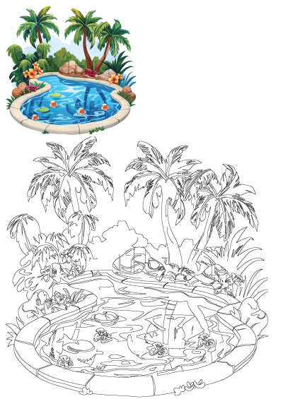 Outdoor swimming pool surrounded by palm trees and colorful flowers, set against a white background. Serene and tropical illustration.