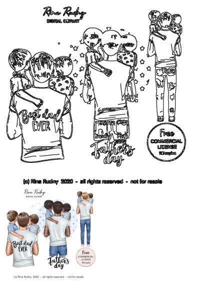 Father's Day clipart featuring a dad with three children embracing him. 'Best Dad Ever' on his shirt. Digital art, perfect for Father's Day gifts.