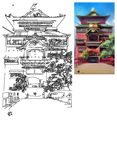 Illustration of Spirited Away bathhouse. A majestic traditional Japanese building with red walls and green roofs, viewed from a red bridge.