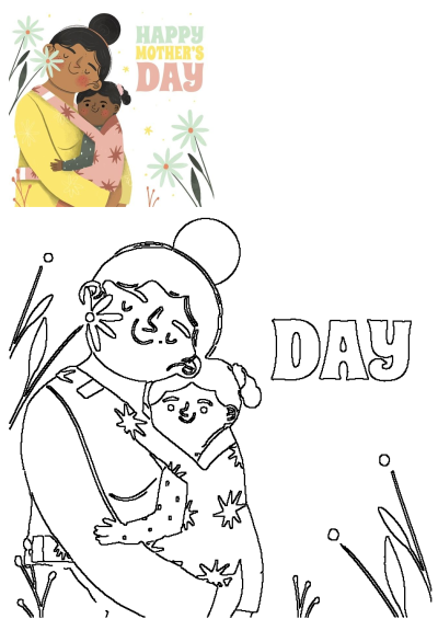 Happy Mother's Day illustration. A woman holding a child in her arms with the words Happy Mother's Day with daisy illustrations.