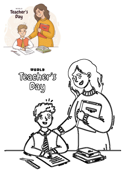 World Teacher's Day illustration: A woman teacher helps a young boy with his homework at his desk with a book. Celebrate educators!