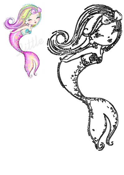 A charming cartoon drawing of a little mermaid with a bow in her shimmering hair and a glittery tail, perfect for whimsical and cute designs.