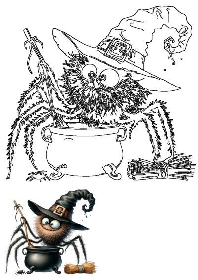 Adorable cartoon spider wearing a witch's hat and holding a broom over a cauldron. This cute Halloween image is perfect for spooky fun.