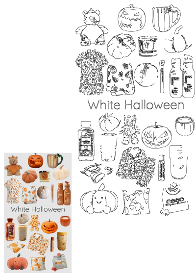 A collage with pumpkins and fall items, for a "White Halloween" theme. Includes decor, clothing, beauty products and drinks.