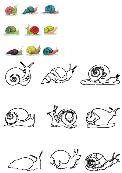 Image of different types of snails on a white background, cute cartoon animal characters with colorful shells and happy expressions.