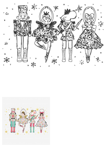 Whimsical Nutcracker ballet characters: soldier, ballerinas, mouse king. Features outline sketch and vibrant colored versions with gold snowflakes.