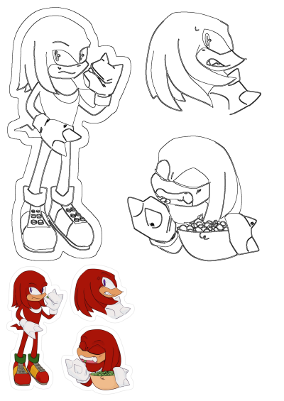 Knuckles vinyl decal stickers for laptops, Hydro Flasks, cars. Water-resistant. Knuckles from Sonic the Hedgehog eating and disliking peas.