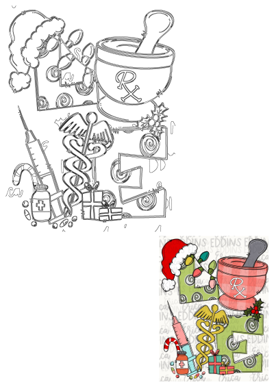 The letter e is decorated with christmas items, santa's hat, and medical symbols like a mortar, pestle, syringe, and gifts.