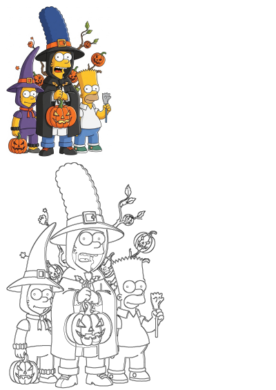 The Simpsons family is dressed up for Halloween. Homer wears a wizard costume, Lisa a witch costume, and Bart is dressed as a devil.