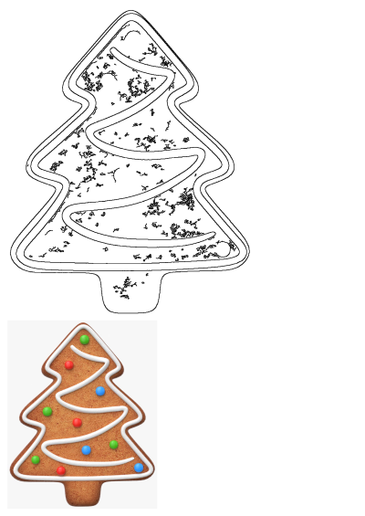 A gingerbread Christmas tree cookie shown as a line art drawing and a delicious decorated version with white icing and colorful candy.