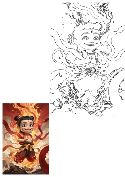 Illustration of Nezha, a mythological Chinese deity, engulfed in fire, smiling with confidence and playful power. 