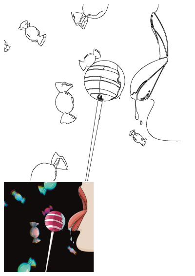 Illustration of a lollipop candy being held by a hand, with other candies in the background, and someone's tongue licking the candy.