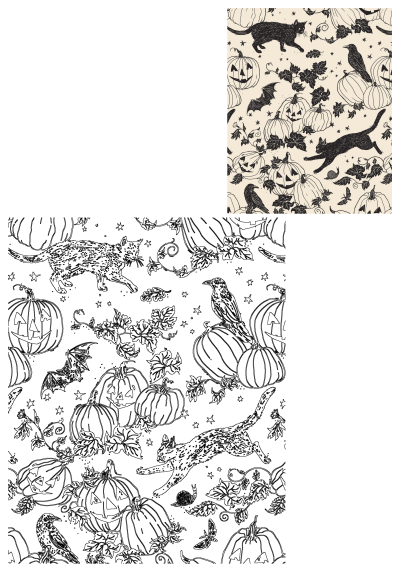 a black and white halloween pattern with cats, bats, pumpkins and other decorations