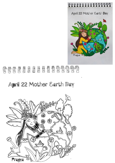 A colorful drawing celebrating April 22 Mother Earth Day with a woman hugging the planet, trees, flowers, and a sailboat.