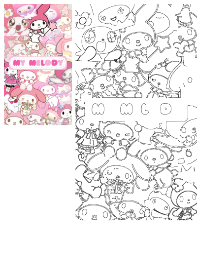 My Melody pink wallpaper with many different cartoon characters. Cute and girly design for backgrounds and fan art. Hello Kitty style.