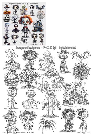 Halloween digital cliparts for commercial use featuring cute spooky characters, haunted house, spider, bat, spiderweb, and pumpkin.