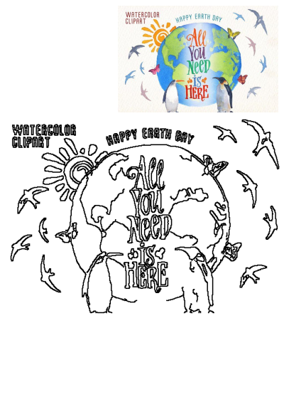 Two penguins stand next to each other against a watercolor Earth and the message 'All you need is here'. Happy Earth Day illustration.