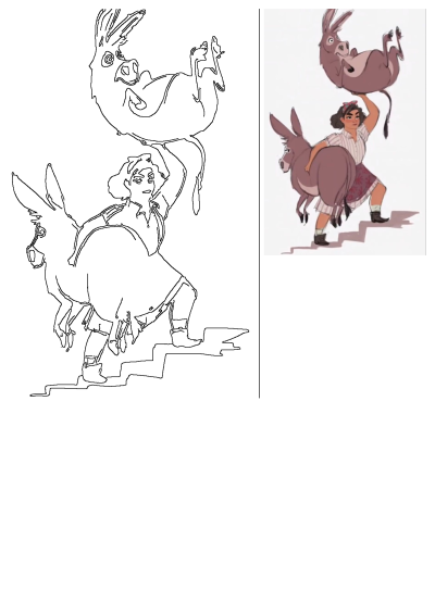 Cartoon illustration of a woman holding an animal up to her face. She's also carrying another donkey while going up some steps. Funny art!