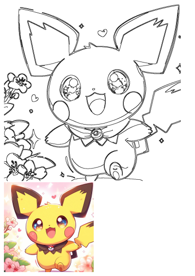 Cartoon Pikachu standing wide-eyed among pink flowers, trees, and sparkles. Adorable illustration with a bow tie, perfect for Pokémon fans!