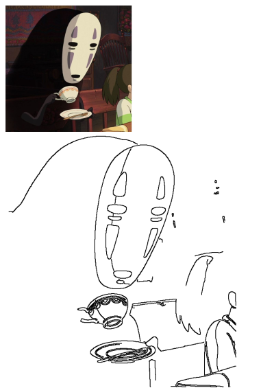 A still from Spirited Away featuring No-Face character holding a tea cup and saucer. He's dining with Chihiro, adding to the film's charm.