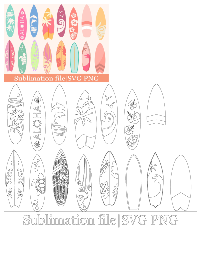 Collection of colorful surfboards with tropical designs: palm trees, dolphins, flowers. Available as sublimation files in SVG and PNG formats.