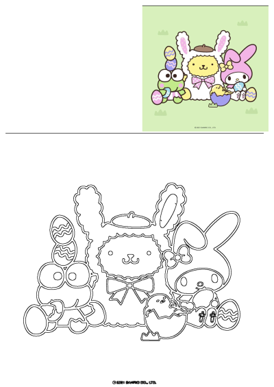 A delightful image featuring Sanrio cartoon characters like Keroppi and My Melody with easter eggs and bunnies, celebrating the festive spirit.