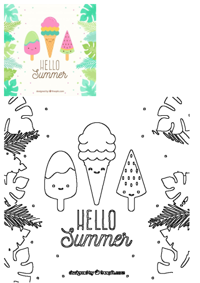 Cute summer illustration: Two ice cream cones and a watermelon are in the middle of a vibrant tropical background. Perfect for summer themed designs.