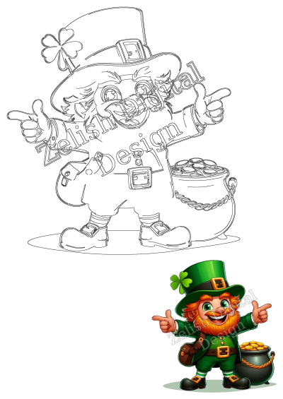 Cartoon leprechaun man with a pot of gold coins giving the thumbs up. A cheerful St. Patrick's Day image with classic Irish charm.