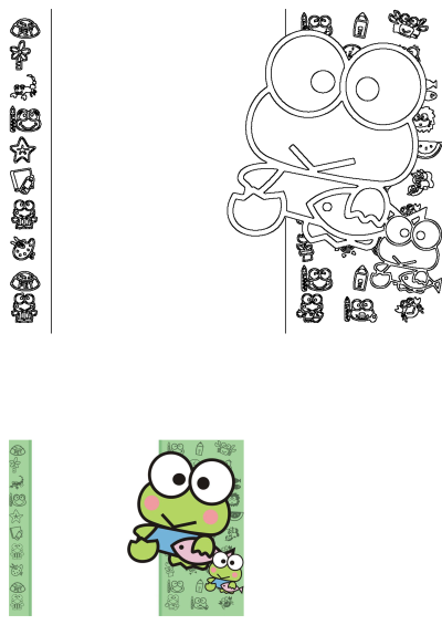 Cartoon image of Keroppi, a green frog, holding a pink fish. Cute character on a vibrant green background. A cartoon frog holding onto a fish.